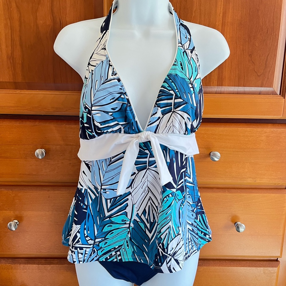 Beach House Blue and White Leaf Tropical Print Tankini Swimsuit